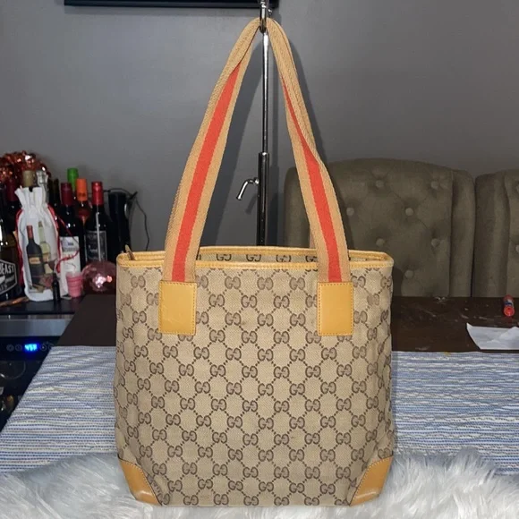 GUCCI GG Canvas Sherry Line Tote Bag Beige Red GUC - Picture 5 of 15